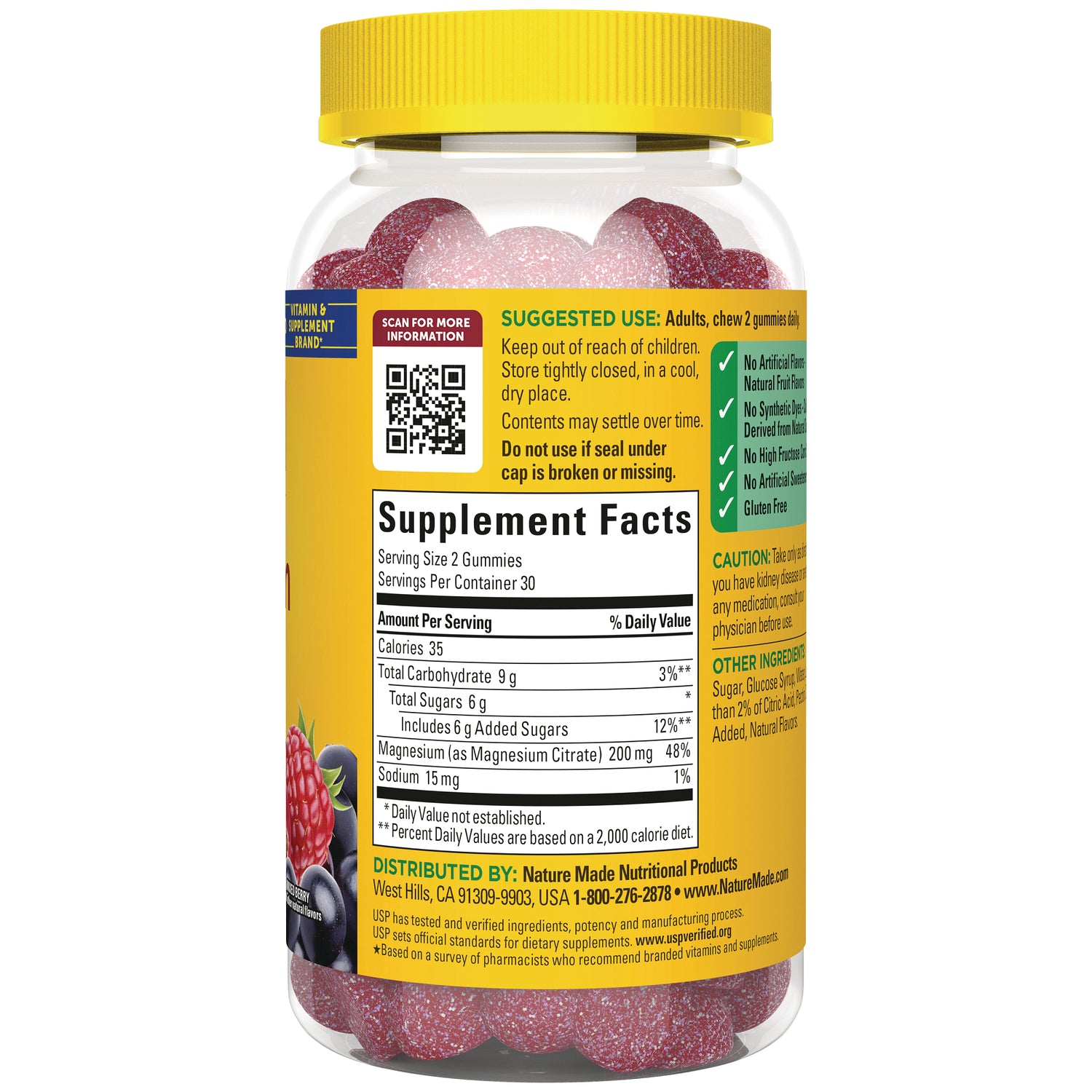 Clear bottle back showing Supplement Facts panel, QR code, suggested use text, and red gummy vitamins under yellow lid
