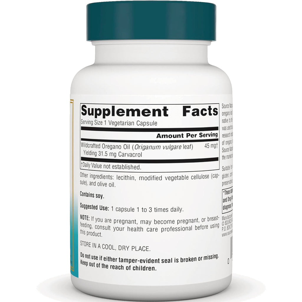 SN370 | Supplement Facts panel for wildcrafted oregano oil capsules, serving size 1 vegetarian capsule - Thumbnail