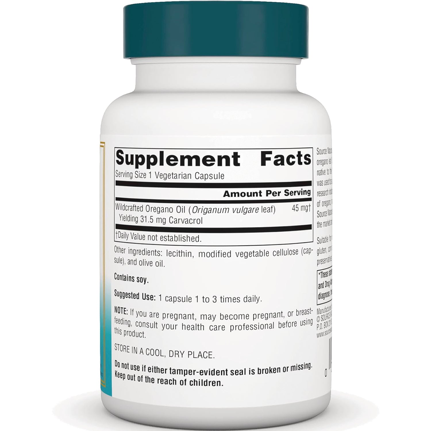 SN370 | Supplement Facts panel for wildcrafted oregano oil capsules, serving size 1 vegetarian capsule