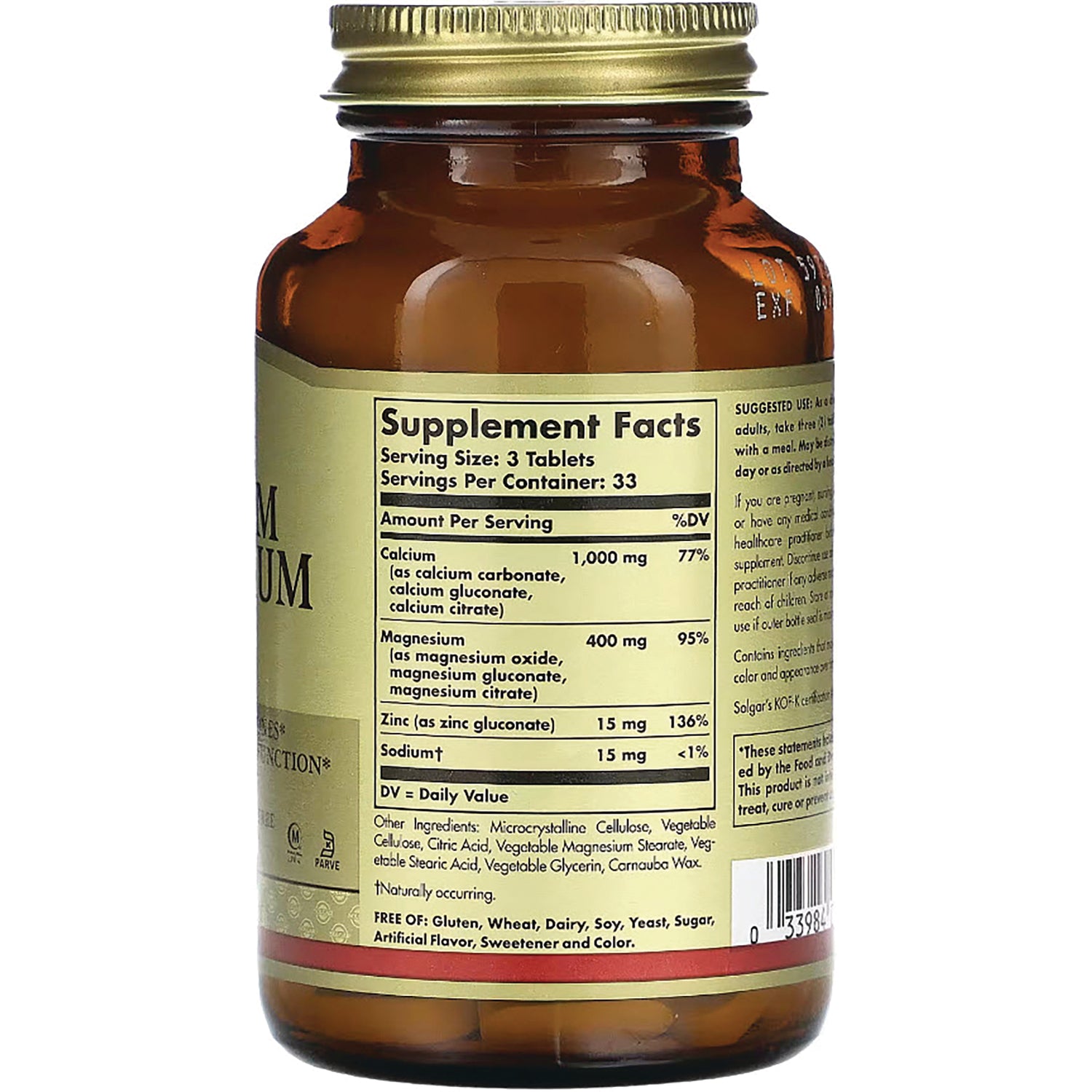 SLG265 | Back label showing Supplement Facts panel, ingredients and barcode on amber supplement bottle