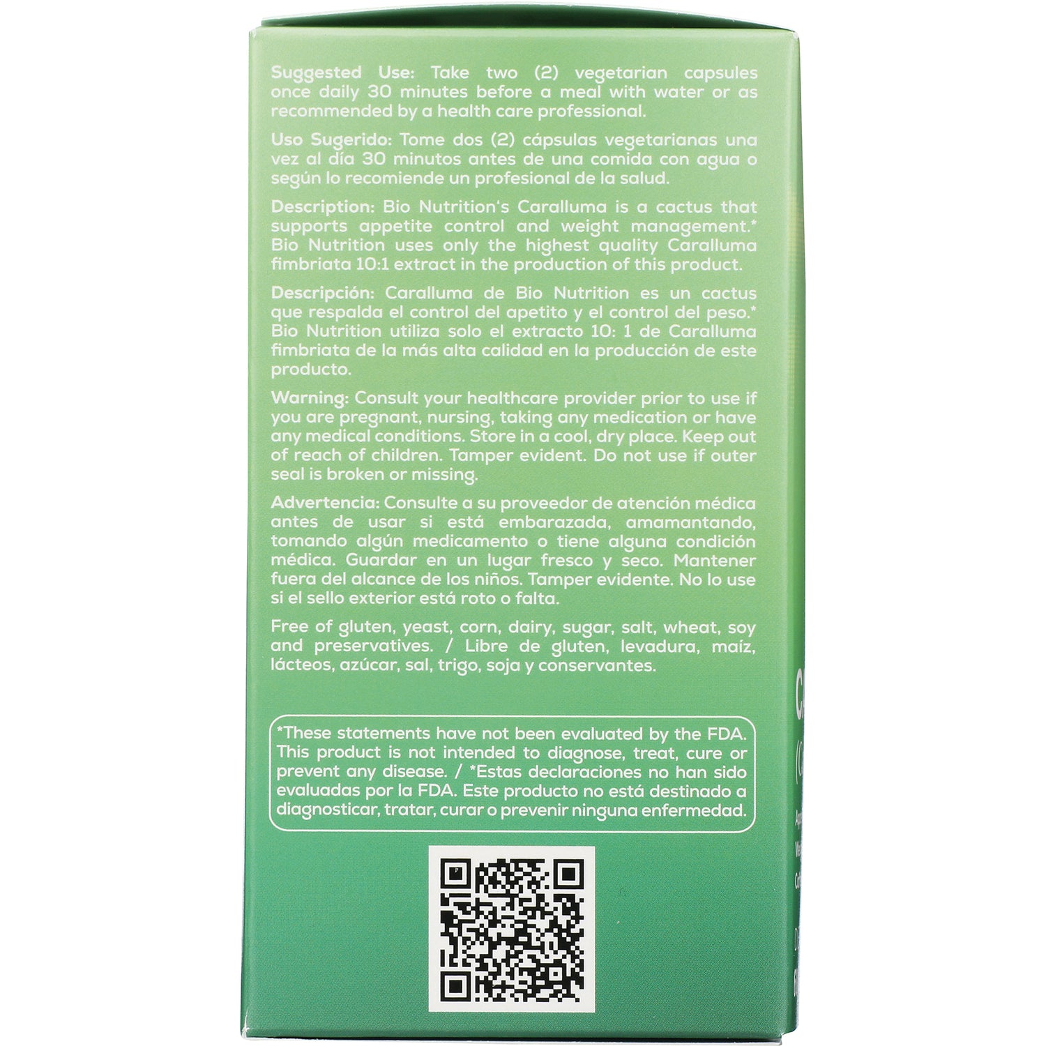 BNN025 | green product box back with usage and warning text, ingredient claims, and QR code