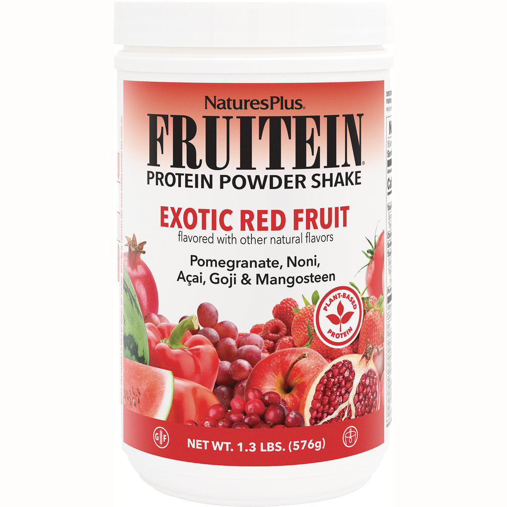 NTP150 | NaturesPlus FRUITEIN protein powder shake Exotic Red Fruit container with fruit images and net wt 1.3 lbs - Thumbnail