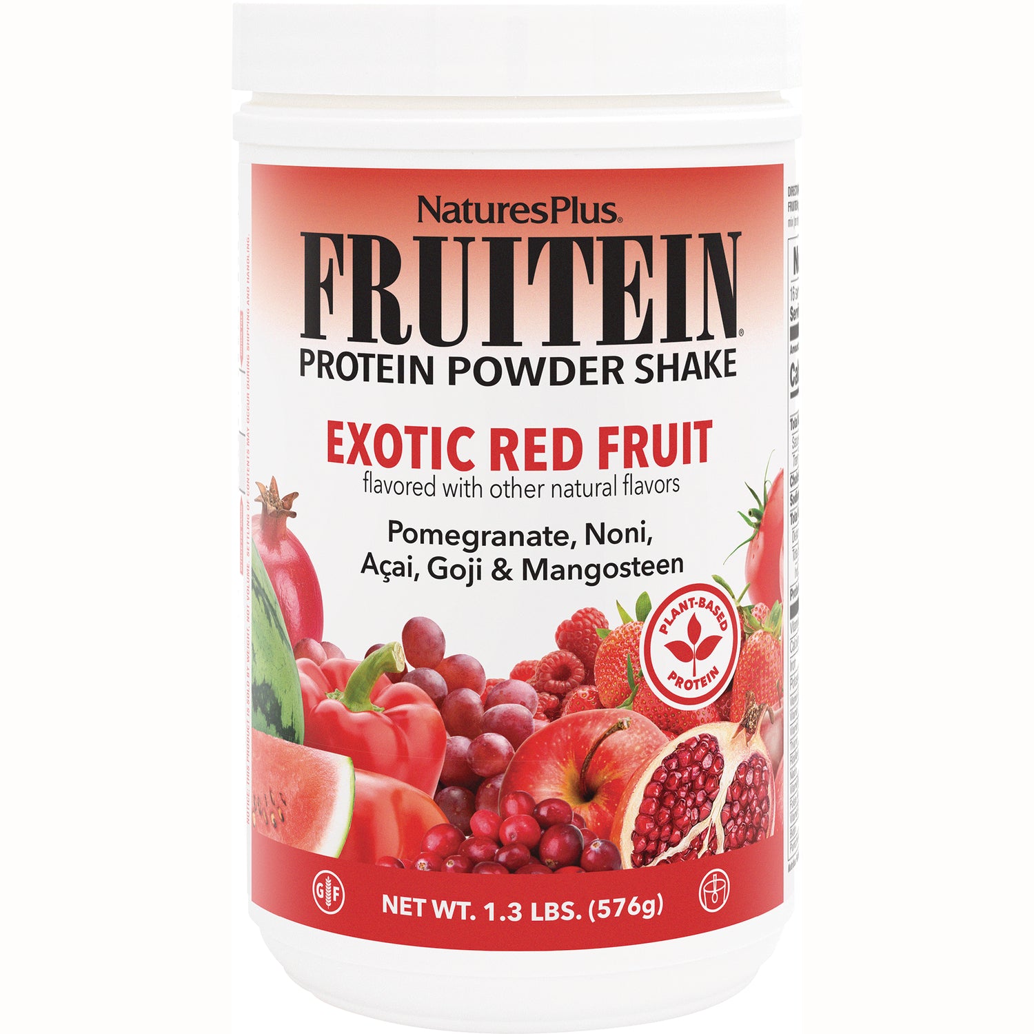 NTP150 | NaturesPlus FRUITEIN protein powder shake Exotic Red Fruit container with fruit images and net wt 1.3 lbs