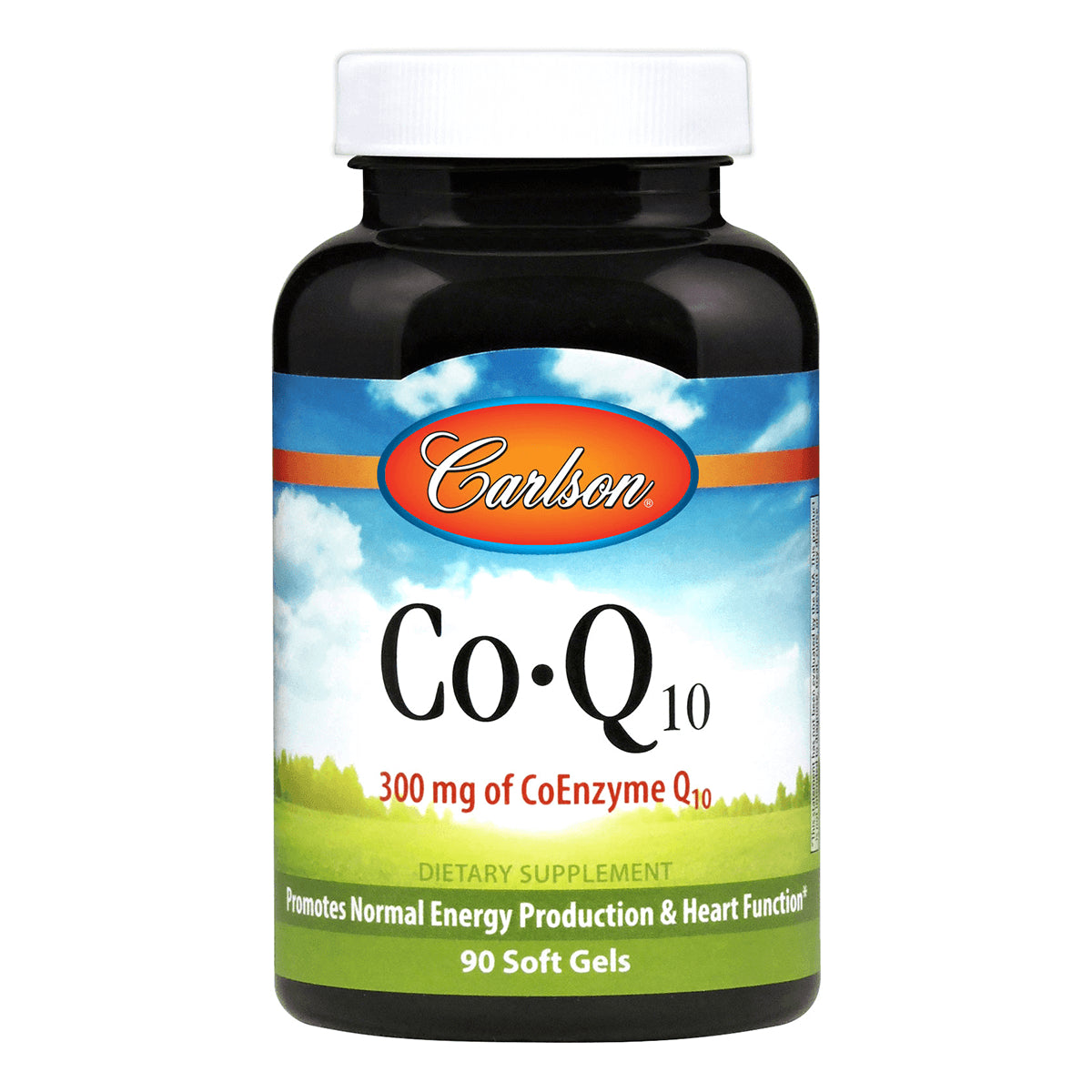 Carlson Co-Q10 300 mg bottle, 90 soft gels dietary supplement label
