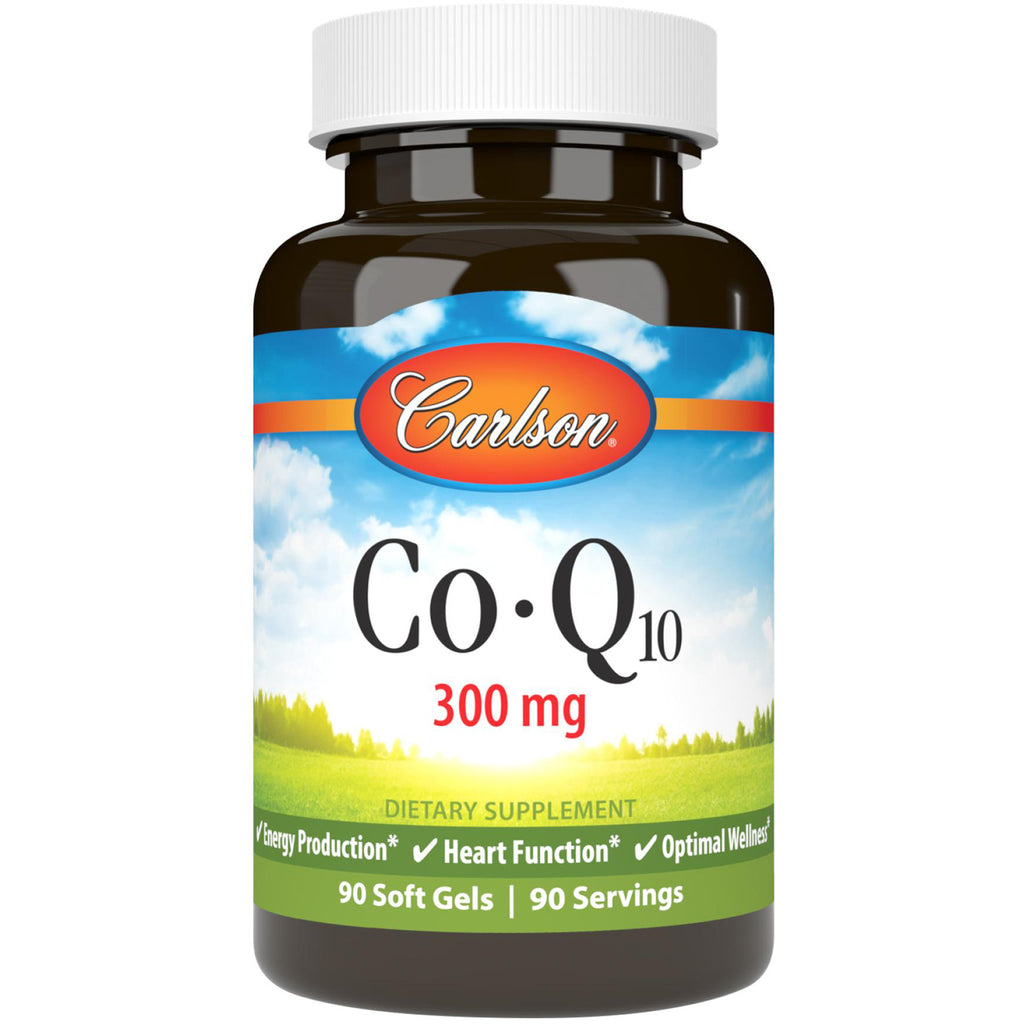 Carlson Co-Q10 300 mg bottle, 90 soft gels dietary supplement label - Thumbnail