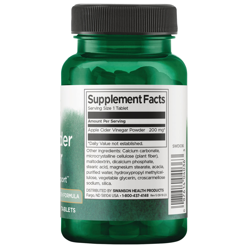SWD036 | Back label with supplement Facts panel for apple cider vinegar tablets, 200 mg per tablet, ingredients and barcode on bottle back - Thumbnail