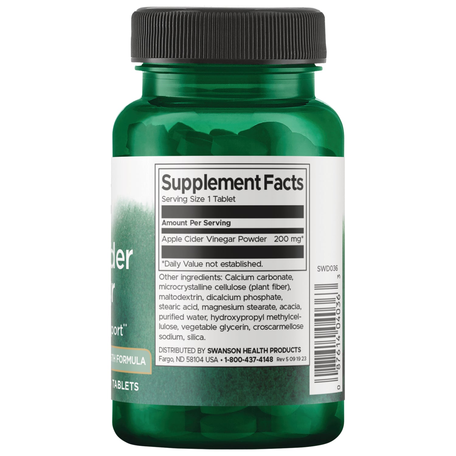 SWD036 | Back label with supplement Facts panel for apple cider vinegar tablets, 200 mg per tablet, ingredients and barcode on bottle back