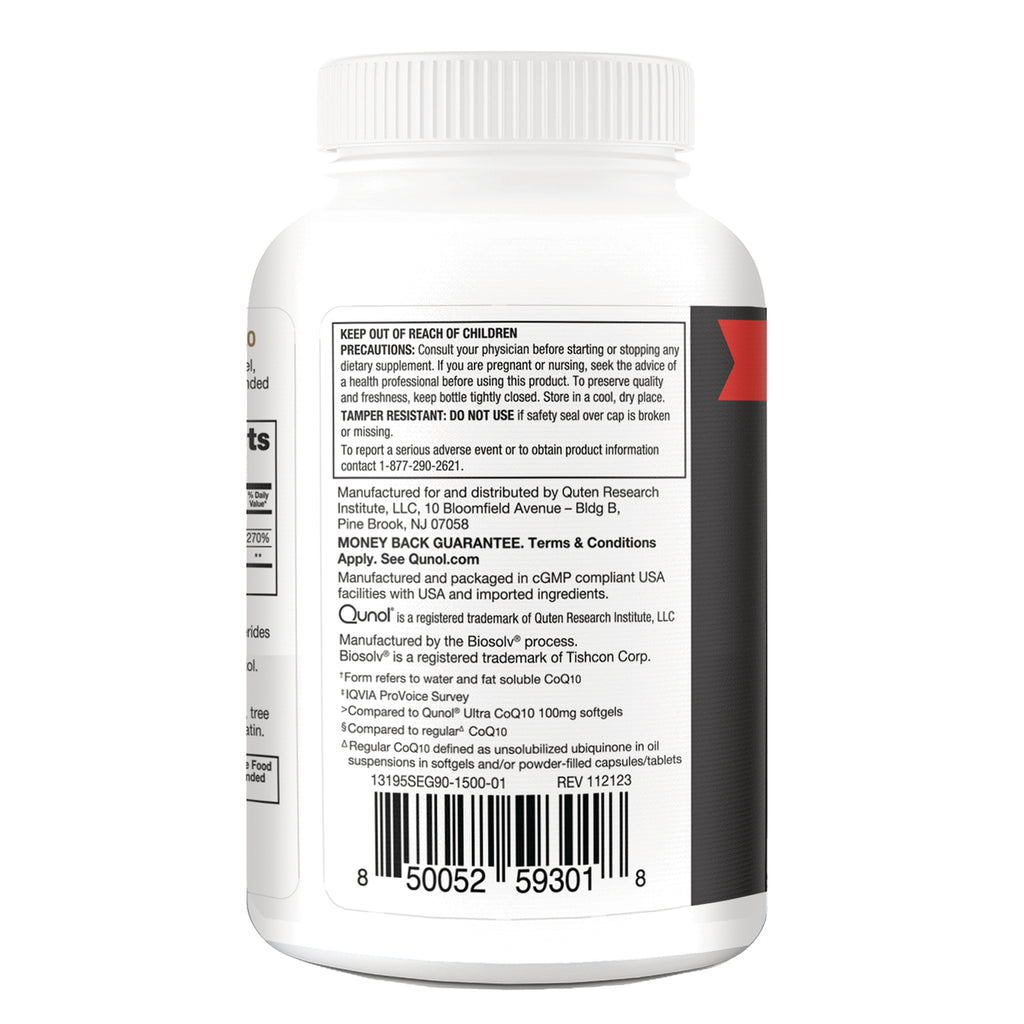 QNL016 | Back label of Qunol CoQ10 supplement bottle with warnings, manufacturer details, and barcode - Thumbnail