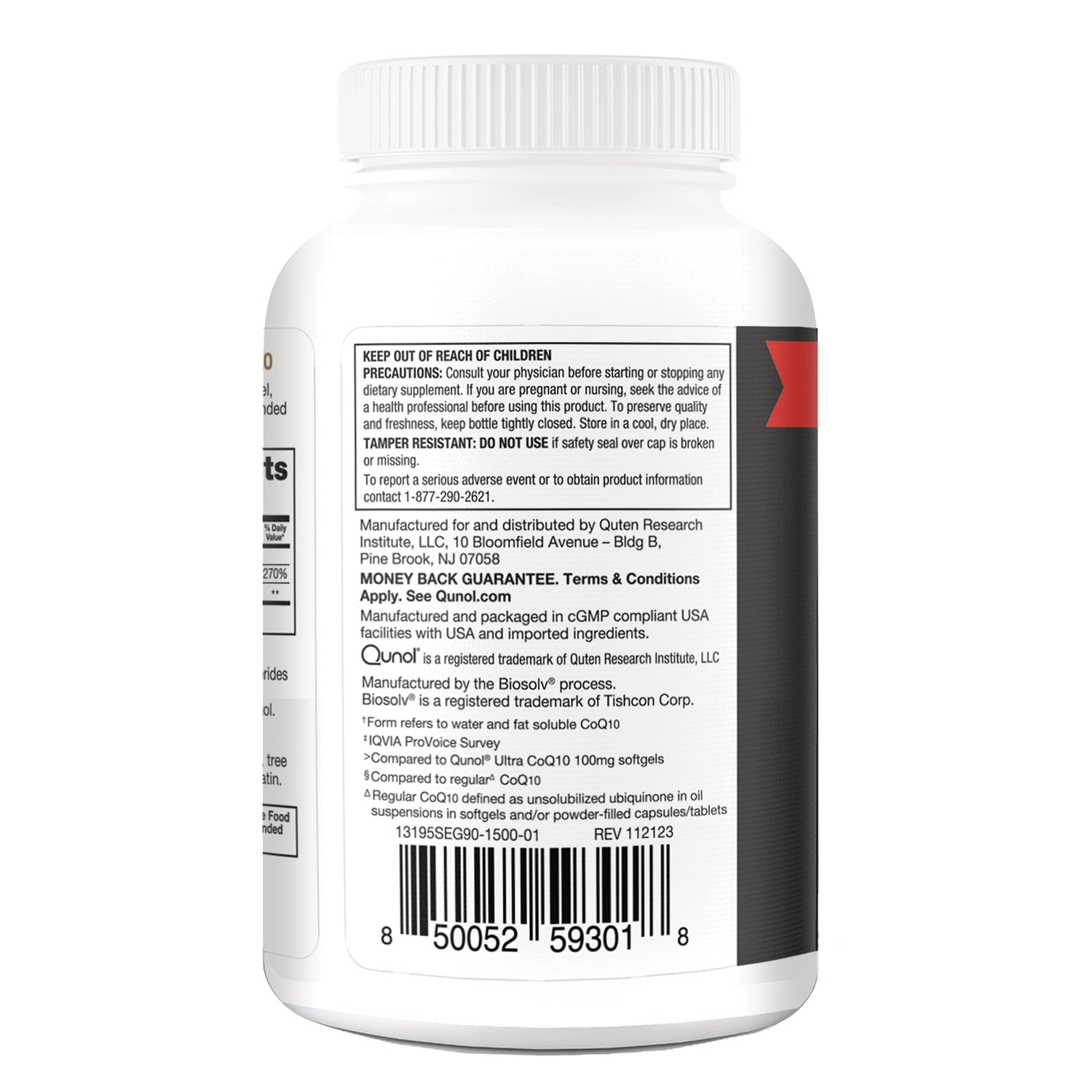 QNL016 | Back label of Qunol CoQ10 supplement bottle with warnings, manufacturer details, and barcode