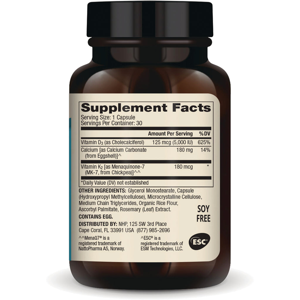 MRC091 | Back label showing Supplement Facts: Vitamin D3 125 mcg (5,000 IU), Calcium 180 mg, Vitamin K2 180 mcg, contains egg, soy free - Thumbnail