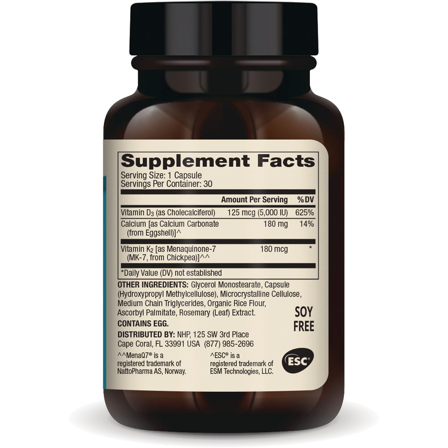 MRC091 | Back label showing Supplement Facts: Vitamin D3 125 mcg (5,000 IU), Calcium 180 mg, Vitamin K2 180 mcg, contains egg, soy free