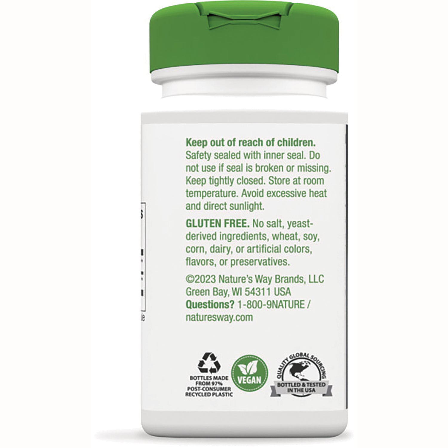 NW932 | Back of white supplement bottle with green cap showing storage warnings, gluten free statement, contact info, recycling and vegan icons