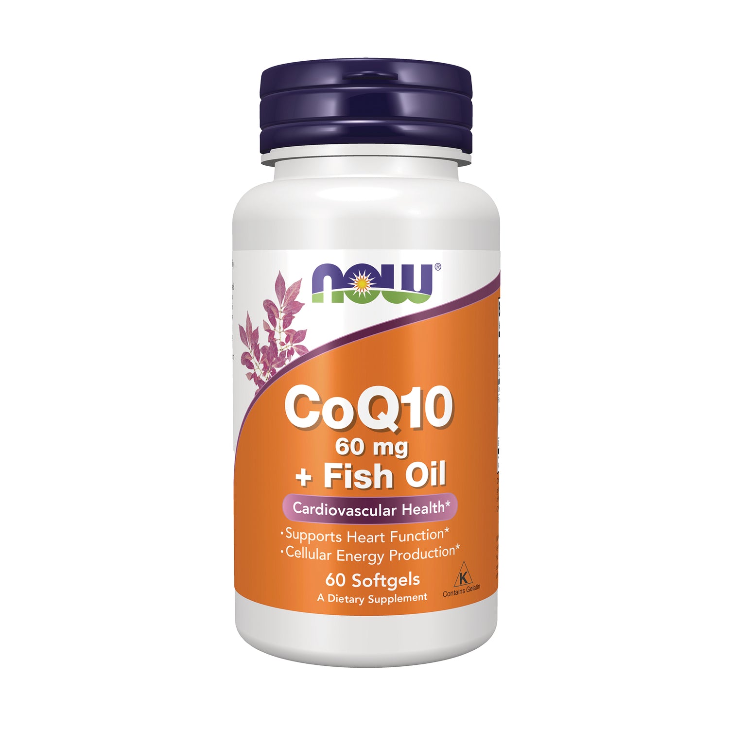 NWF042 | NOW CoQ10 60 mg + Fish Oil supplement bottle front label, 60 softgels