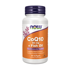 NWF042 | NOW CoQ10 60 mg + Fish Oil supplement bottle front label, 60 softgels