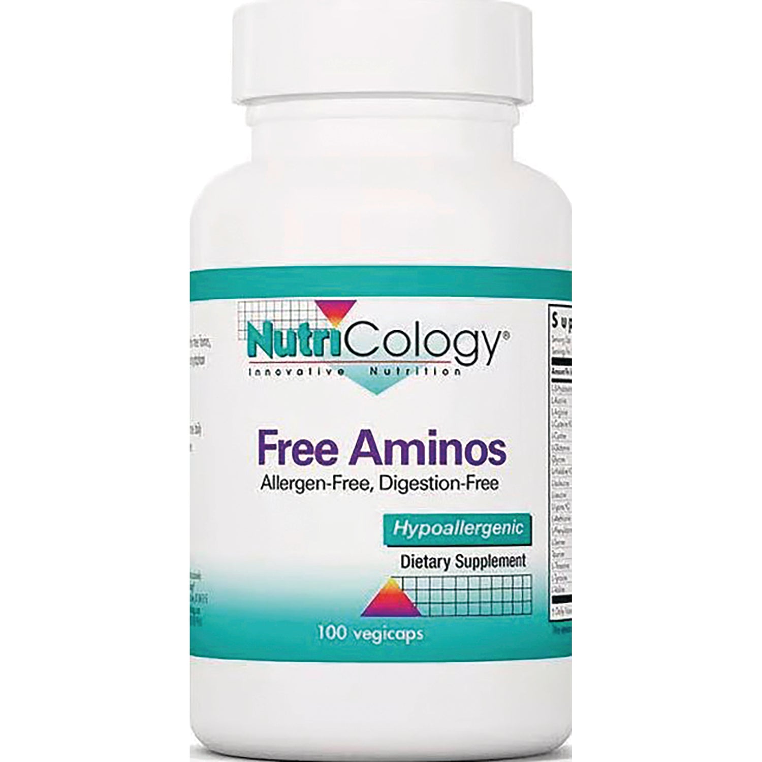 NCL096 | White bottle labeled NutriCology Free Aminos hypoallergenic dietary supplement, 100 vegicaps