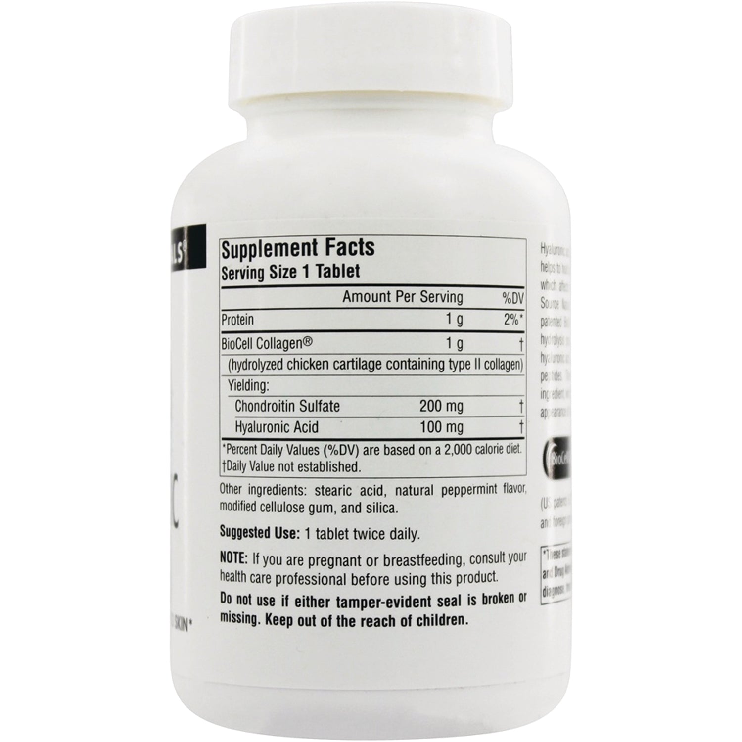 SN461 | Back label with Supplement Facts, serving size 1 tablet, BioCell Collagen, chondroitin sulfate, hyaluronic acid