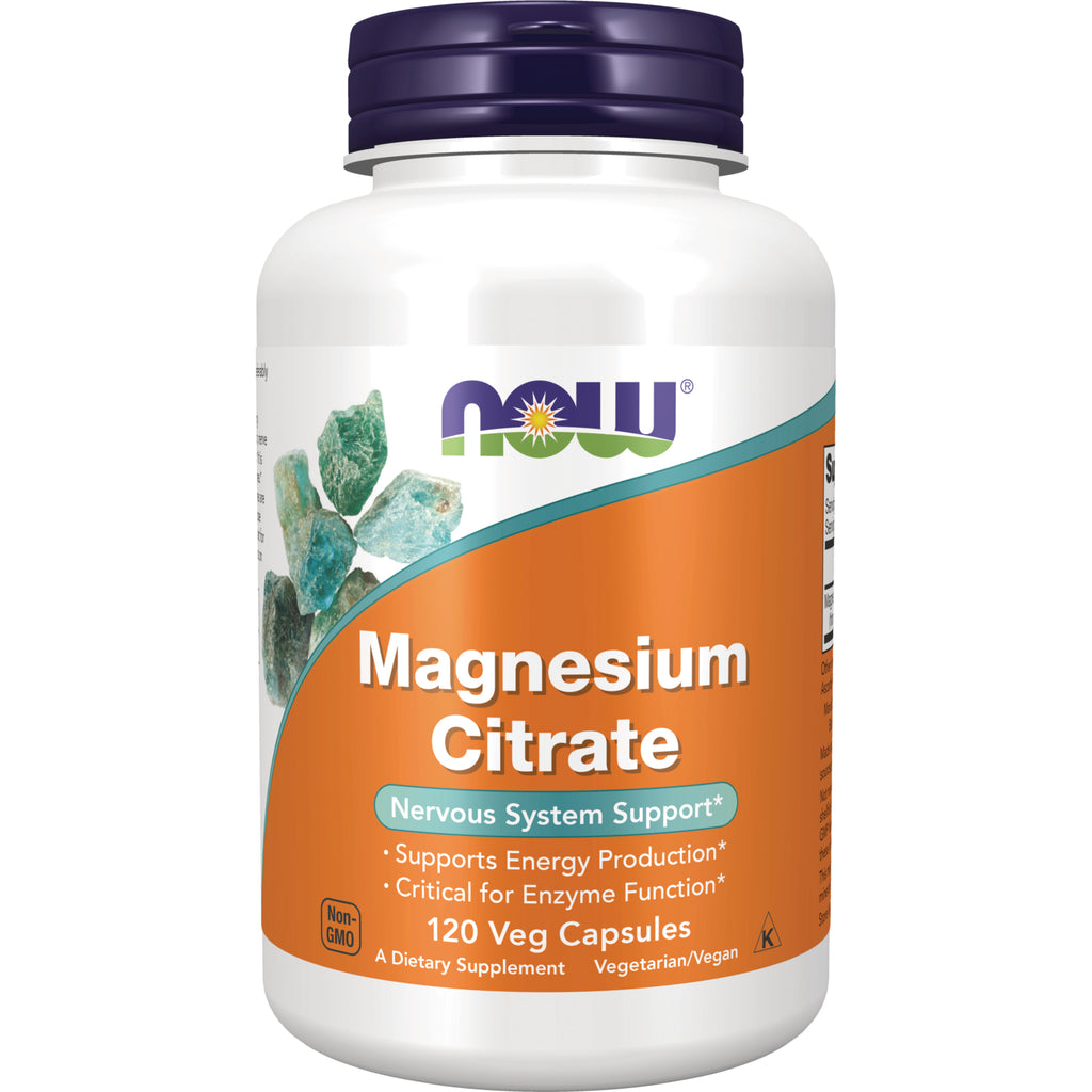 NWF1100 | NOW Magnesium Citrate bottle front label, 120 veg capsules, Nervous System Support - Thumbnail