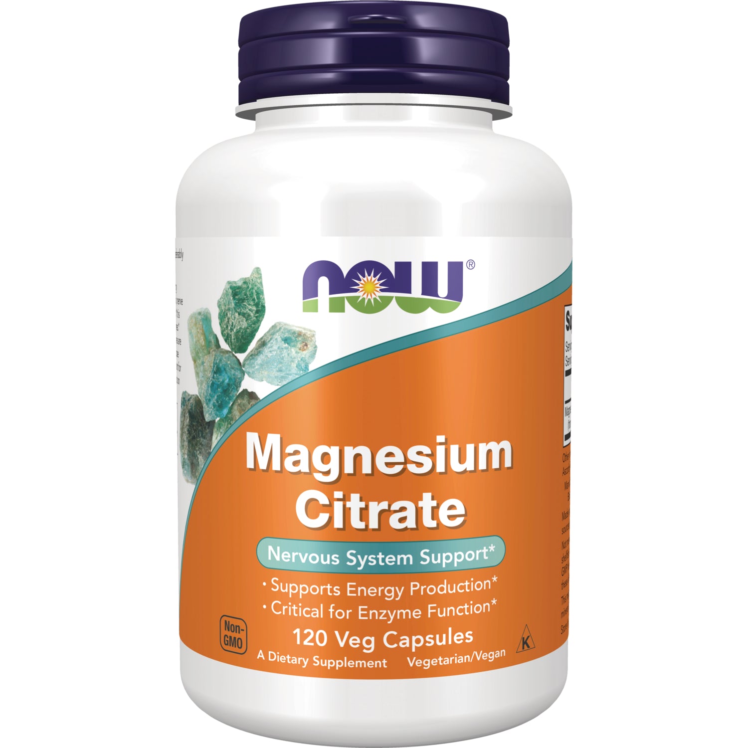 NWF1100 | NOW Magnesium Citrate bottle front label, 120 veg capsules, Nervous System Support