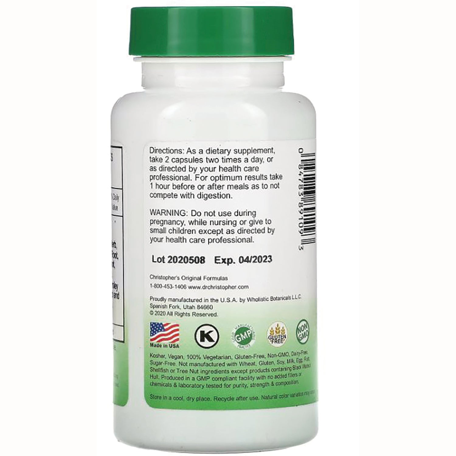 DCR052 | Back of white supplement bottle with green cap showing directions, warnings, Lot 2020508 Exp. 04/2023 and certification icons