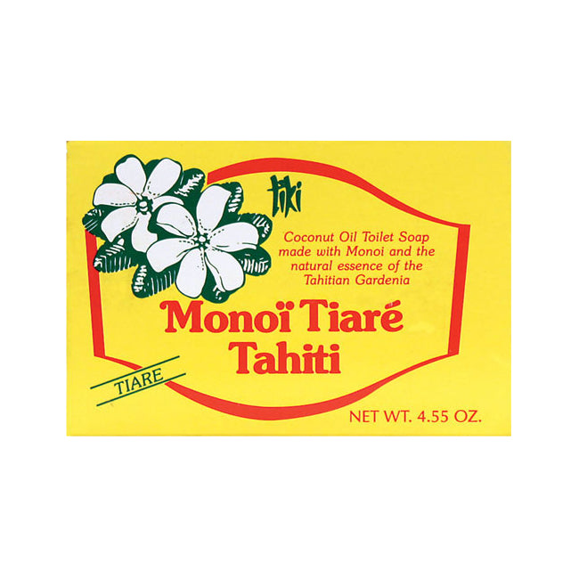 MON005 | Yellow Mono Tiar Tahiti soap box with white tiare flowers and text NET WT. 4.55 OZ