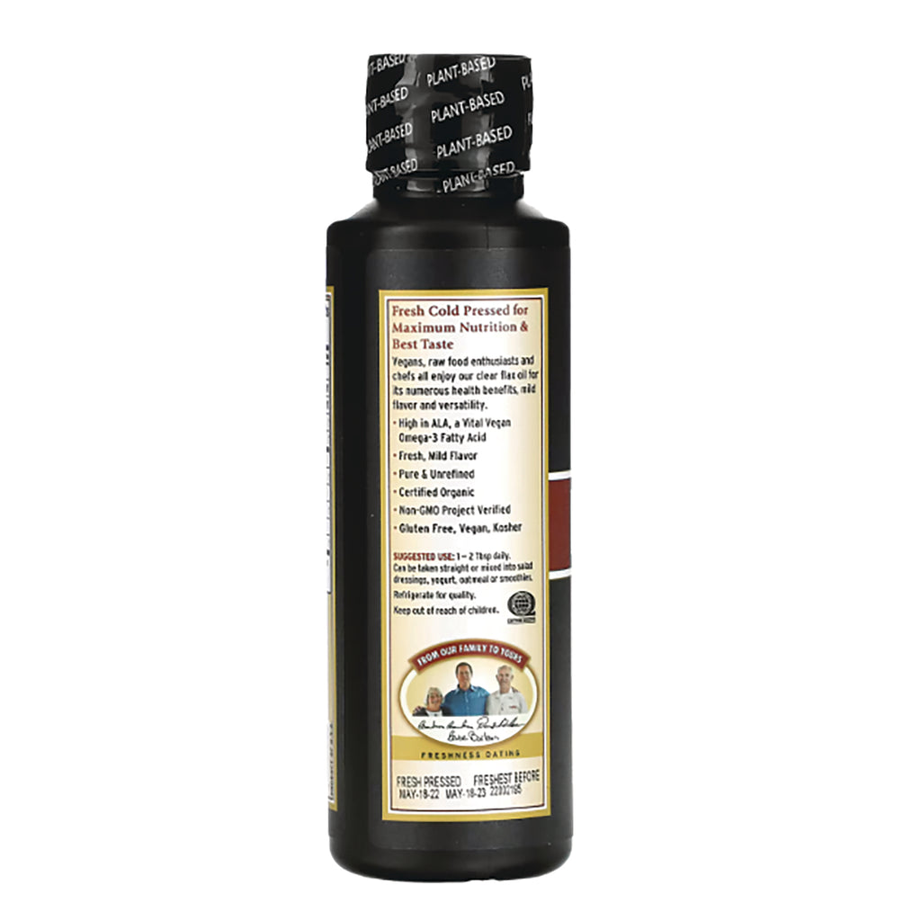 Back label of dark bottle showing Fresh Cold Pressed for Maximum Nutrition & Best Taste and usage instructions - Thumbnail