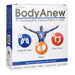 MNA024 | BodyAnew homeopathic cleanse/detox box front with organ icons for lymph & lungs, kidney, colon & liver