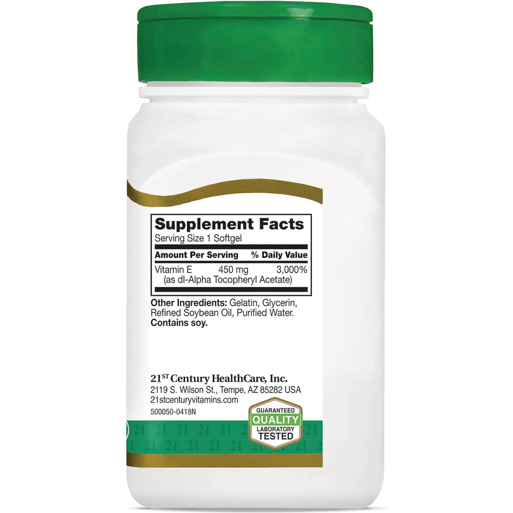 CNT184 | Supplement facts panel showing Vitamin E 450 mg serving size 1 softgel, contains soy, 21st Century HealthCare bottle back - Thumbnail