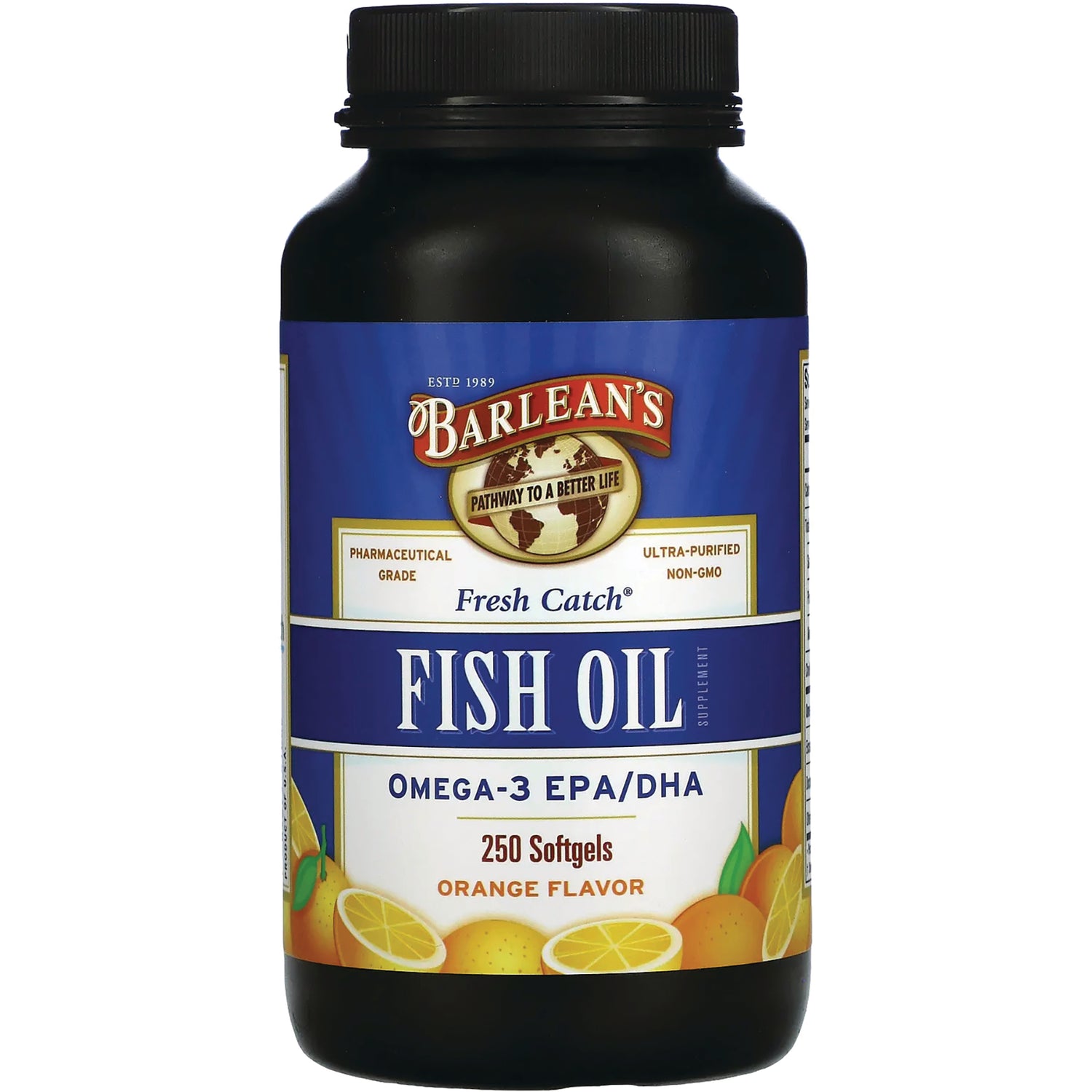 BAR071 | Barlean's Fresh Catch Fish Oil bottle, 250 softgels, Omega-3 EPA/DHA, orange flavor