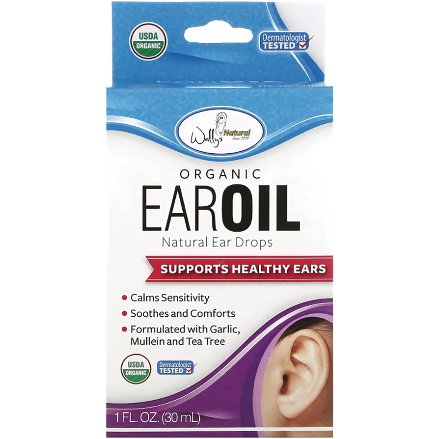 WLY006 | Wally's Natural Organic Ear Oil 1 fl oz front; Natural Ear Drops; Supports healthy ears; Garlic, mullein, tea tree