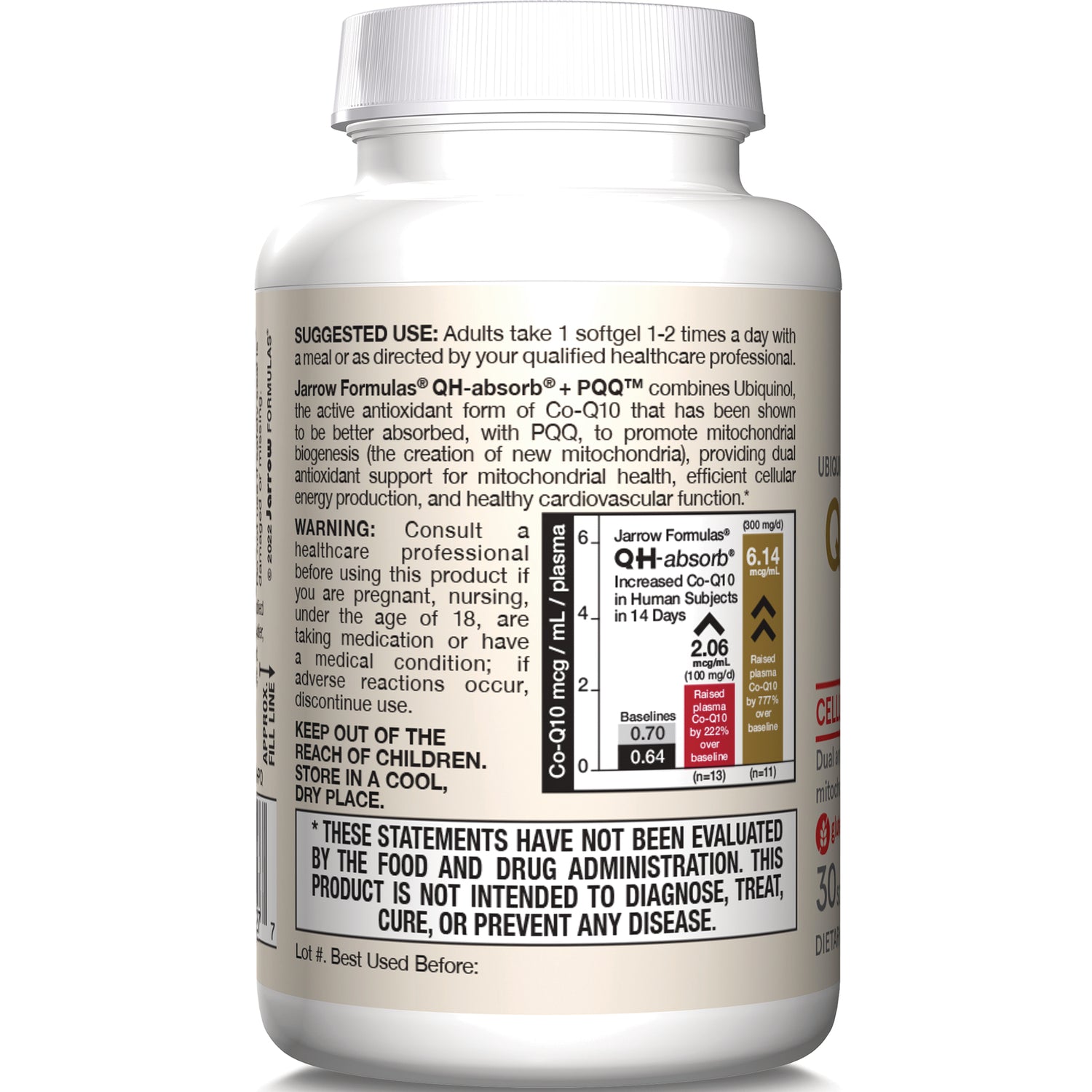 JR269 | Back label showing suggested use, warning text, Co-Q10 chart, and FDA disclaimer on white supplement bottle