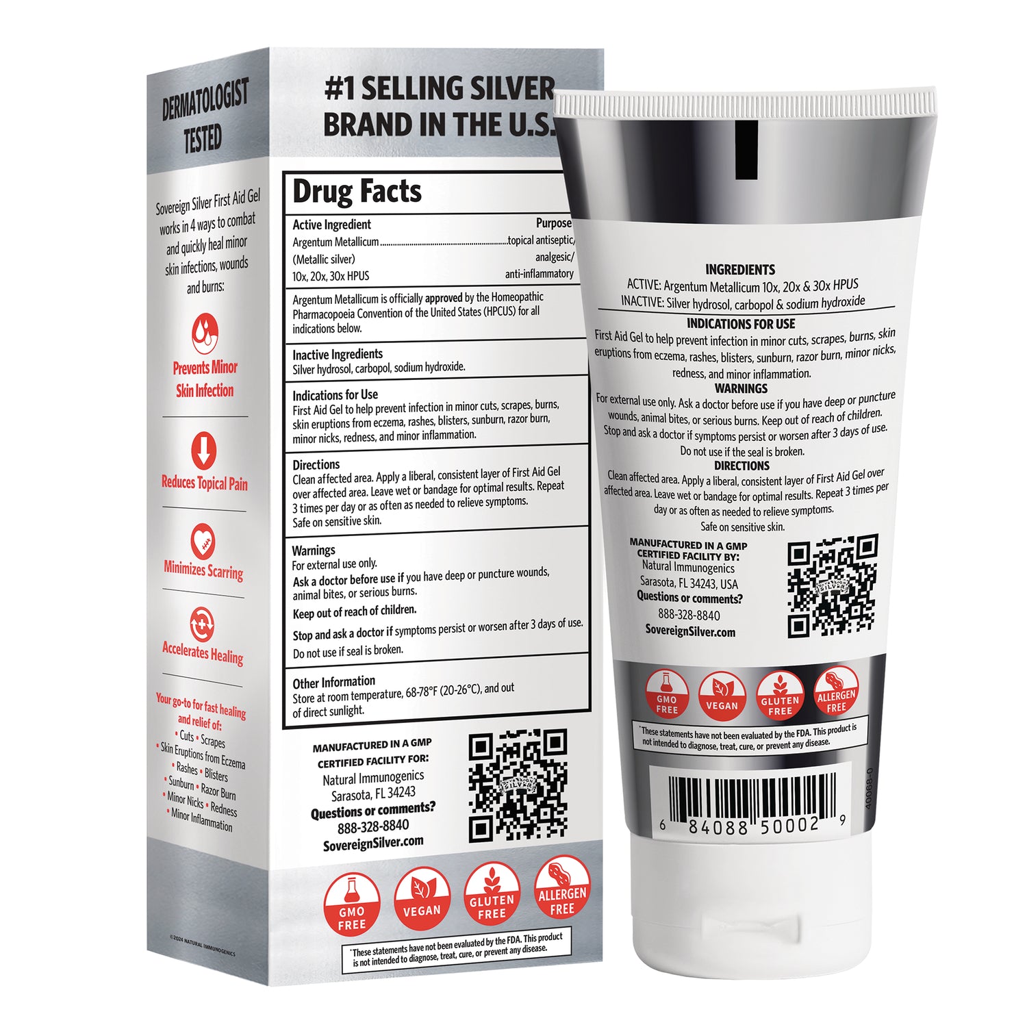 SSL004 | Back of Sovereign Silver First Aid Gel box and tube showing Drug Facts, ingredients, warnings, and barcode