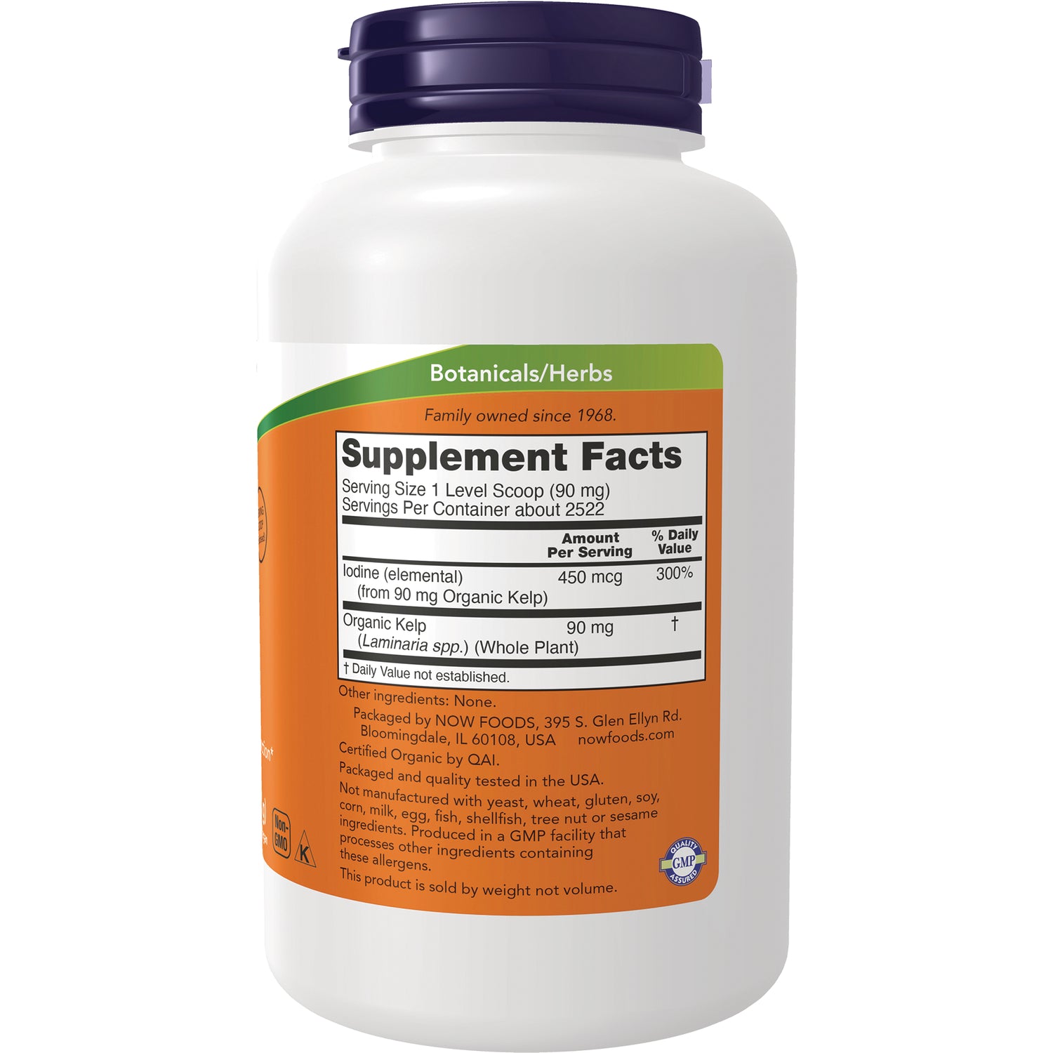 NWF945 | Back label with Supplement Facts listing iodine 450 mcg and organic kelp 90 mg on orange panel