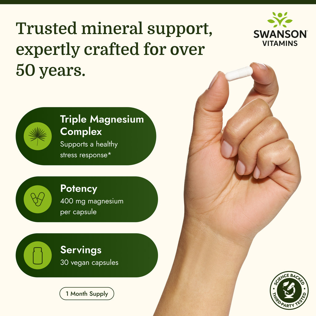 SW1243 | Swanson Vitamins infographic for Triple Magnesium Complex with potency, servings, and 1 month supply - Thumbnail