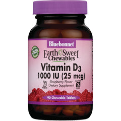 BLU076 | Bluebonnet EarthSweet Chewables Vitamin D3 1000 IU (25 mcg) raspberry flavor bottle, 90 chewable tablets