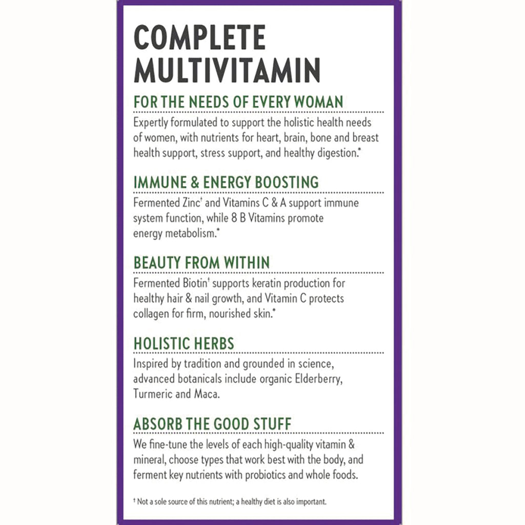 NWC145 | Product infographic: Complete Multivitamin for women, lists Immune & Energy Boosting; Beauty From Within; Holistic Herbs; Absorb the Good Stuff - Thumbnail