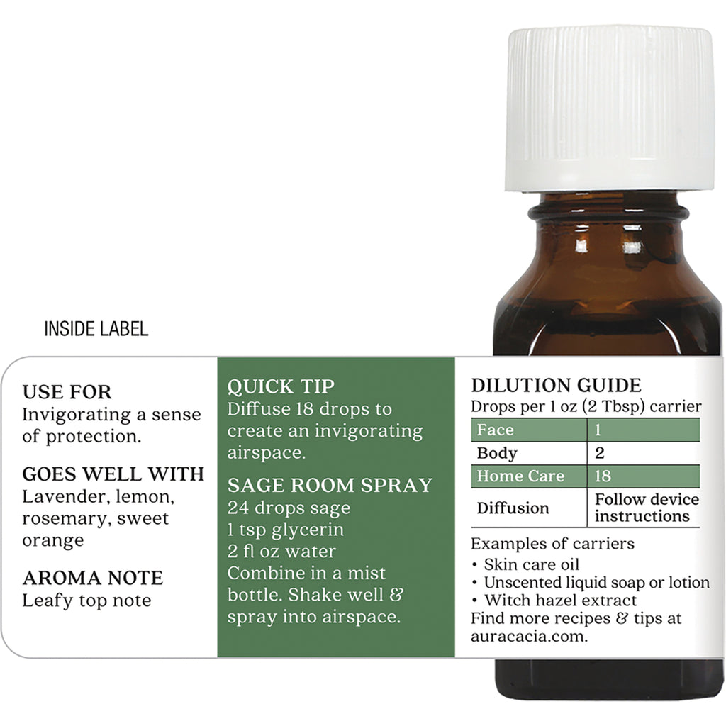 ARC039 | Back label on amber essential oil bottle showing dilution guide, sage room spray recipe and usage notes - Thumbnail