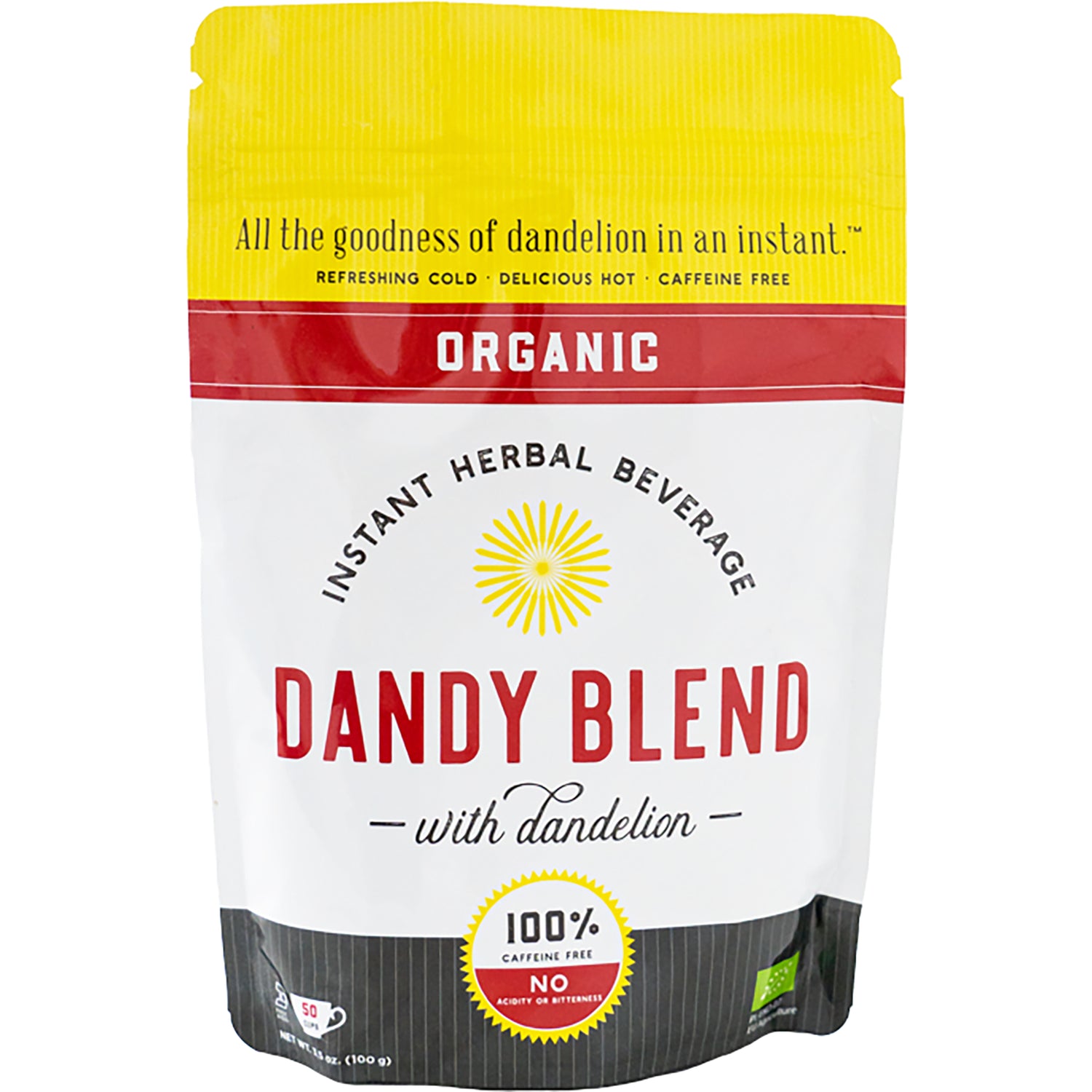 DDY004 | Front of organic Dandy Blend instant herbal beverage pouch labeled DANDY BLEND with dandelion
