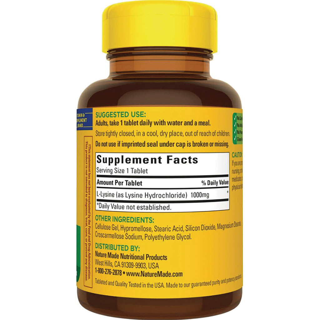 NTM106 | back label of brown supplement bottle showing Supplement Facts, serving size 1 tablet and L-Lysine 1000mg - Thumbnail