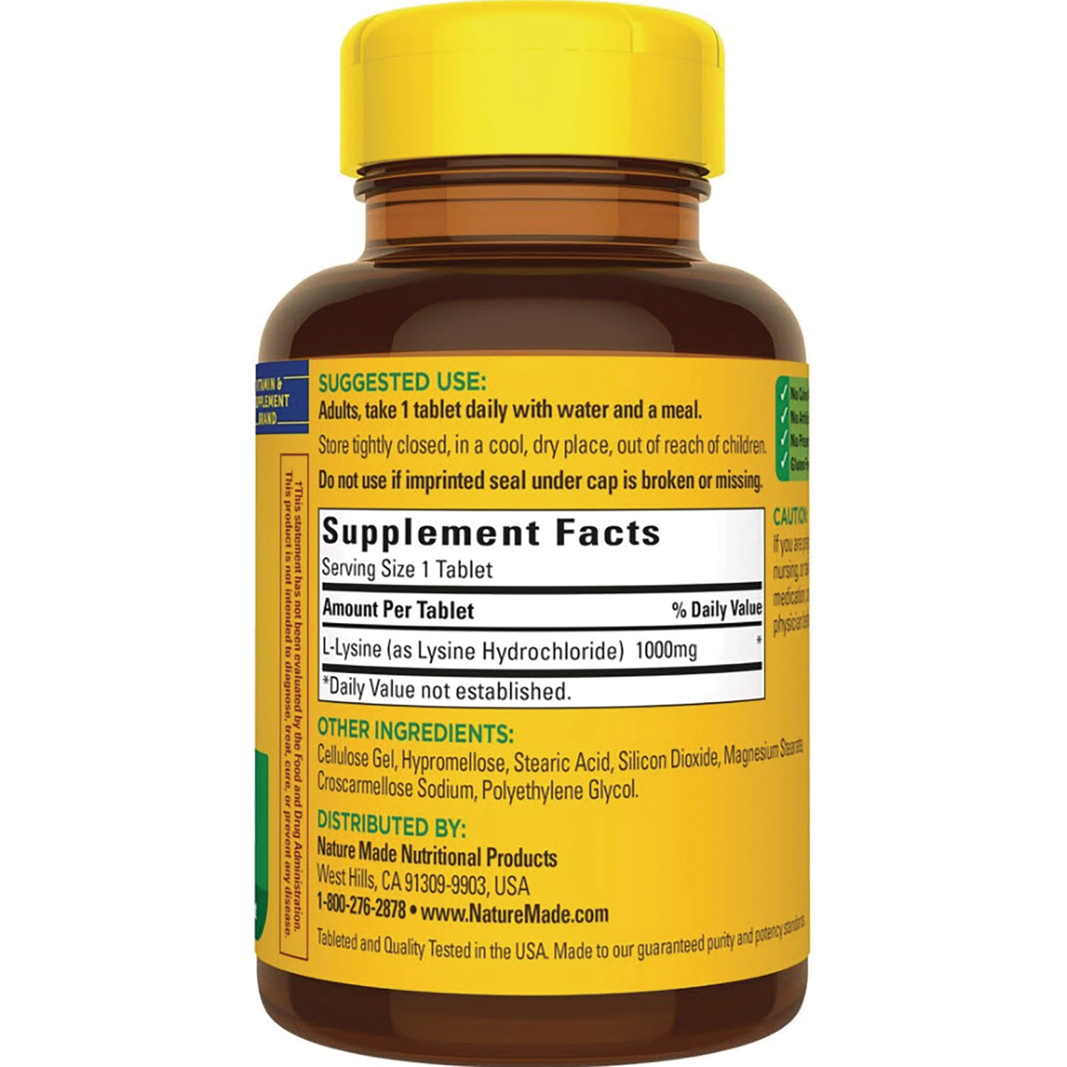 NTM106 | back label of brown supplement bottle showing Supplement Facts, serving size 1 tablet and L-Lysine 1000mg