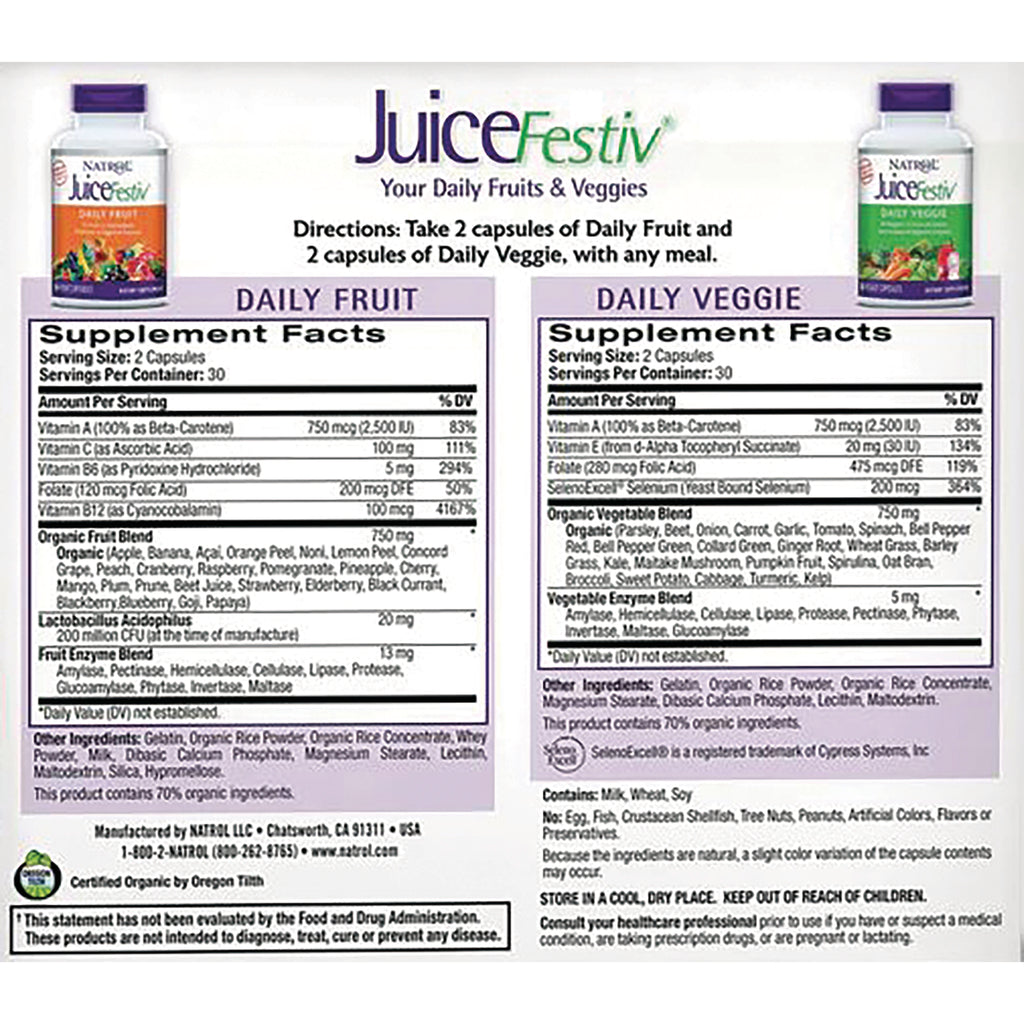 NA395 | Back label showing Daily Fruit and Daily Veggie supplement facts, directions and ingredient lists - Thumbnail