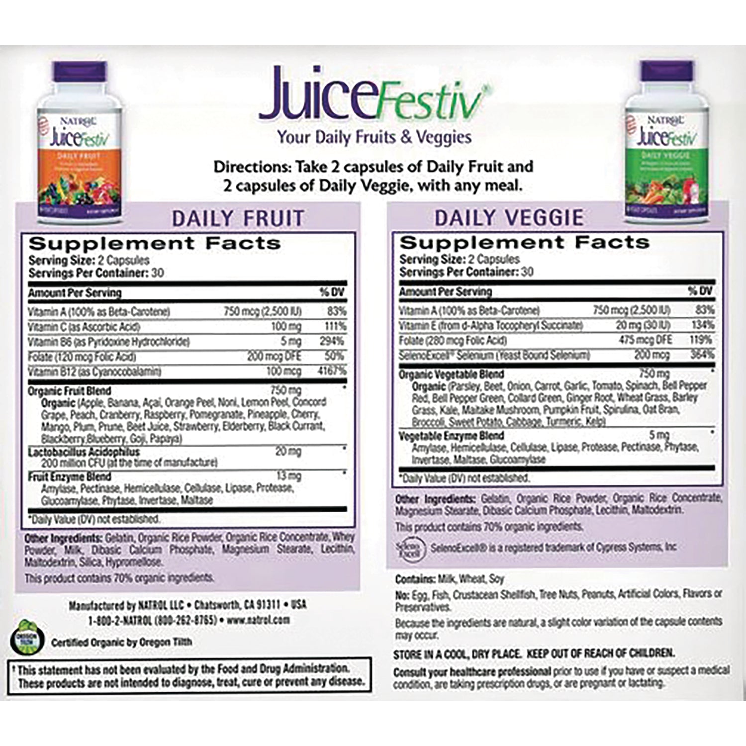 NA395 | Back label showing Daily Fruit and Daily Veggie supplement facts, directions and ingredient lists