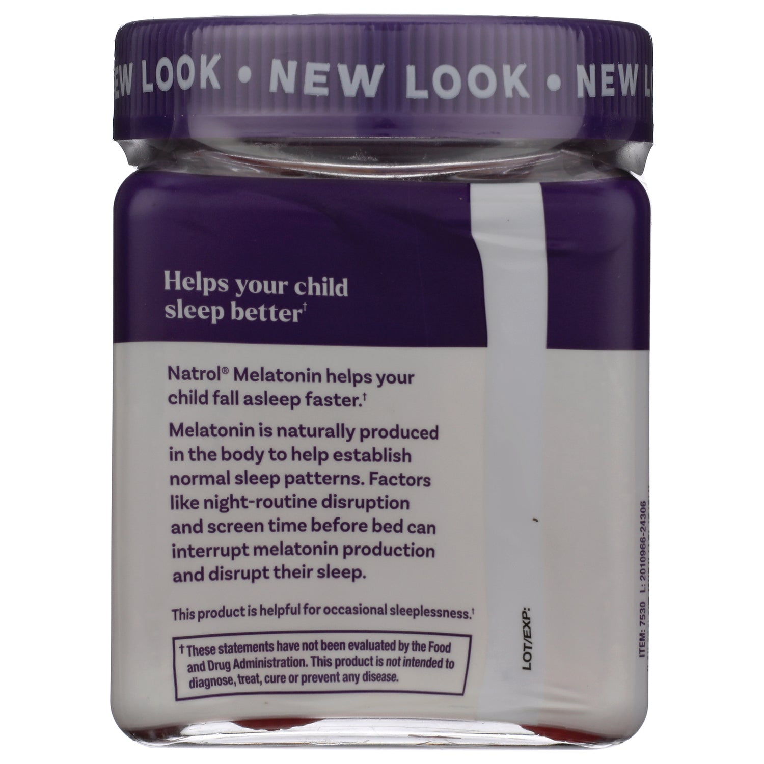 NA617 | Back label of children's melatonin bottle reading Helps your child sleep better and product information