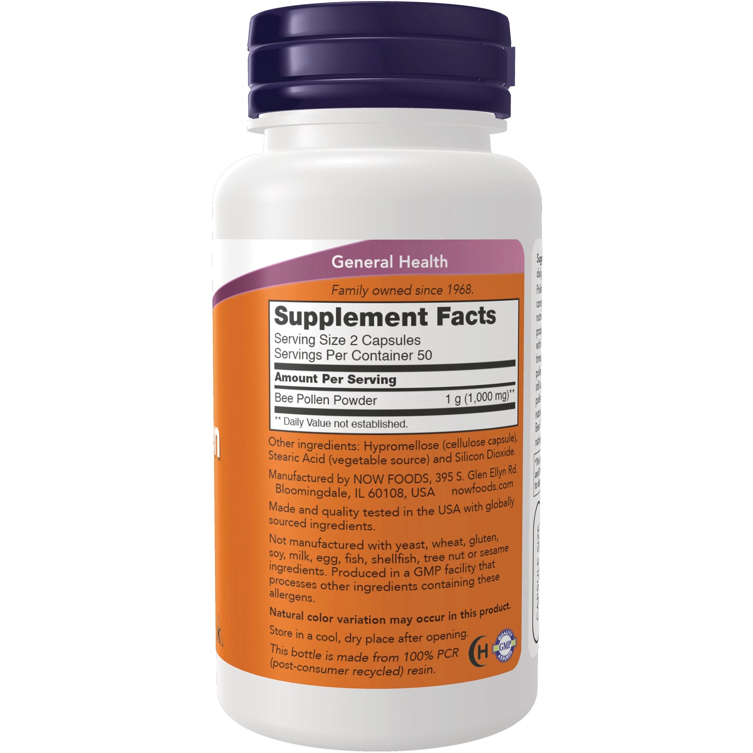 NWF462 | back label showing Supplement Facts and ingredients for bee pollen powder, serving size 2 capsules