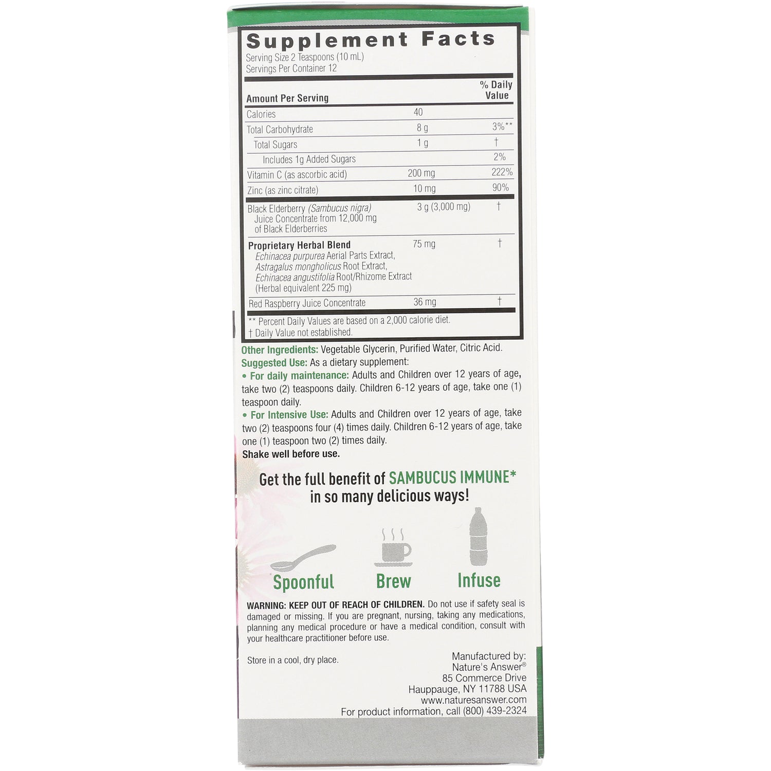 NAT121 | Back panel showing supplement facts, ingredients, suggested use, warning and Spoonful/Brew/Infuse icons