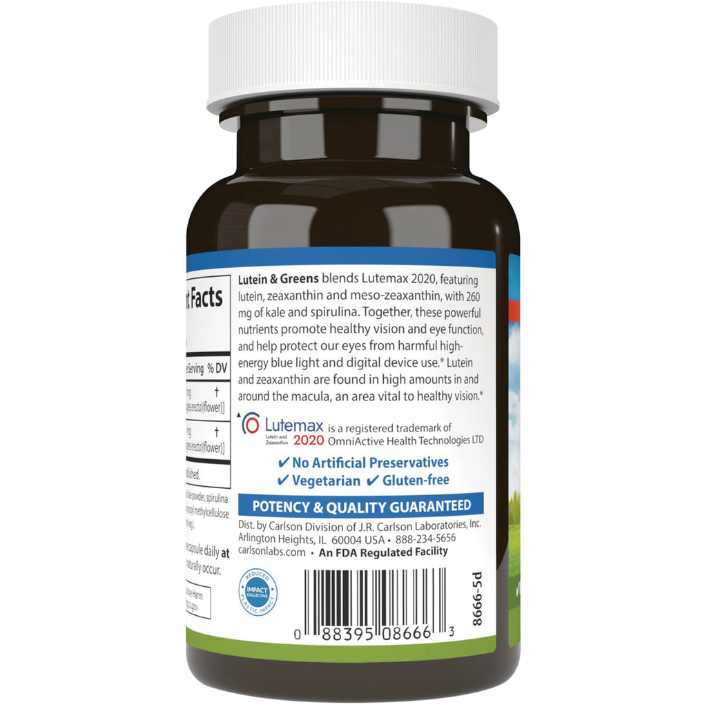 Brown supplement bottle back label showing ingredients, LuteMax 2020 callout, No Artificial Preservatives and barcode - Thumbnail