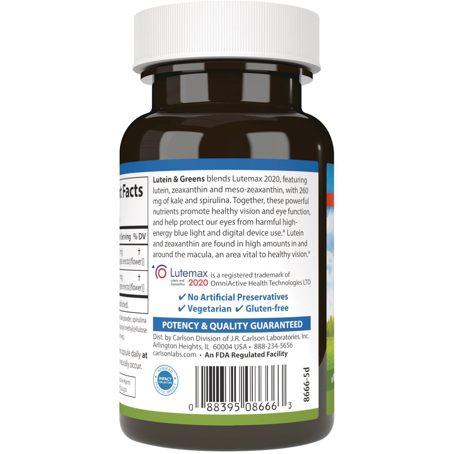 Brown supplement bottle back label showing ingredients, LuteMax 2020 callout, No Artificial Preservatives and barcode