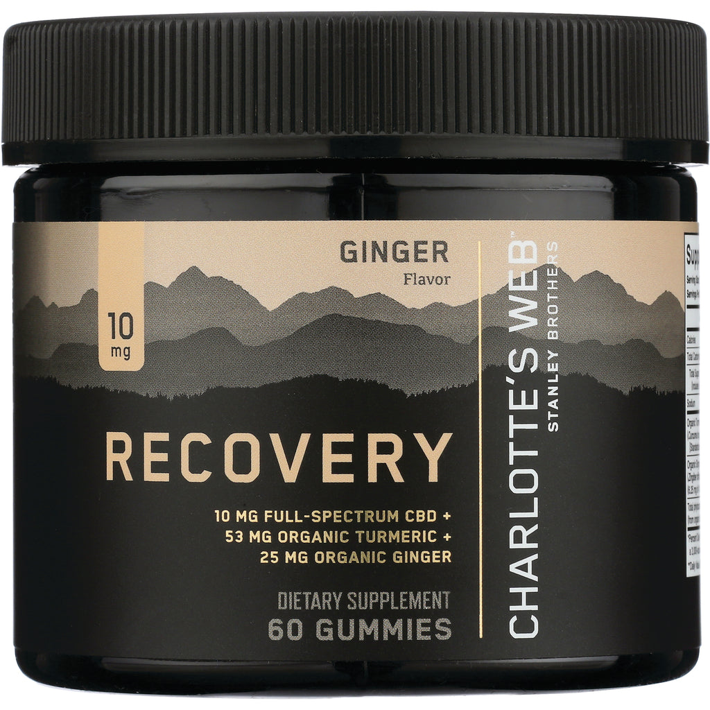 CHW017 | Charlotte's Web Recovery ginger gummies jar with black label reading 10 mg full-spectrum CBD and 60 gummies - Thumbnail