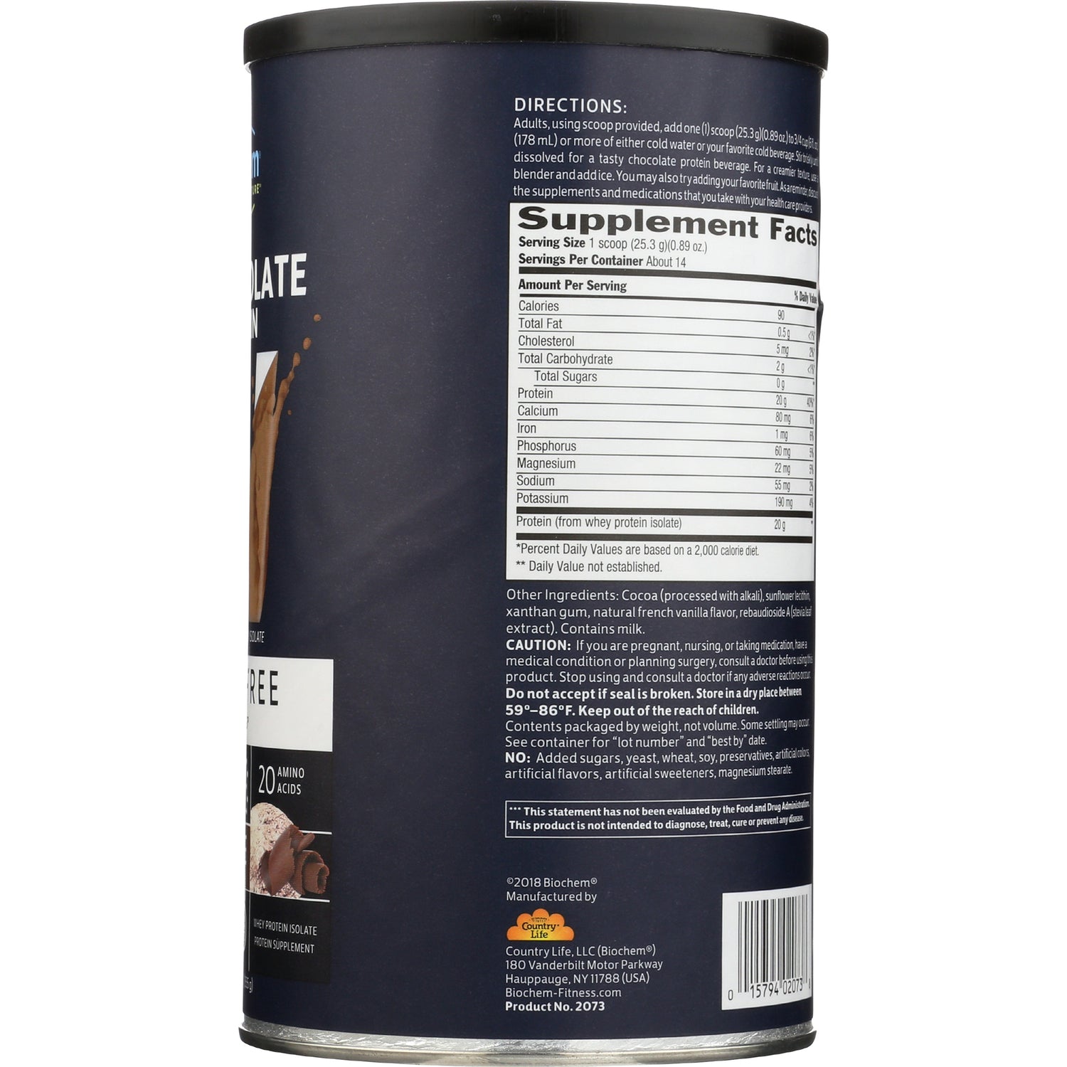 CRL589 | Back of chocolate protein powder can showing Supplement Facts panel and ingredient text