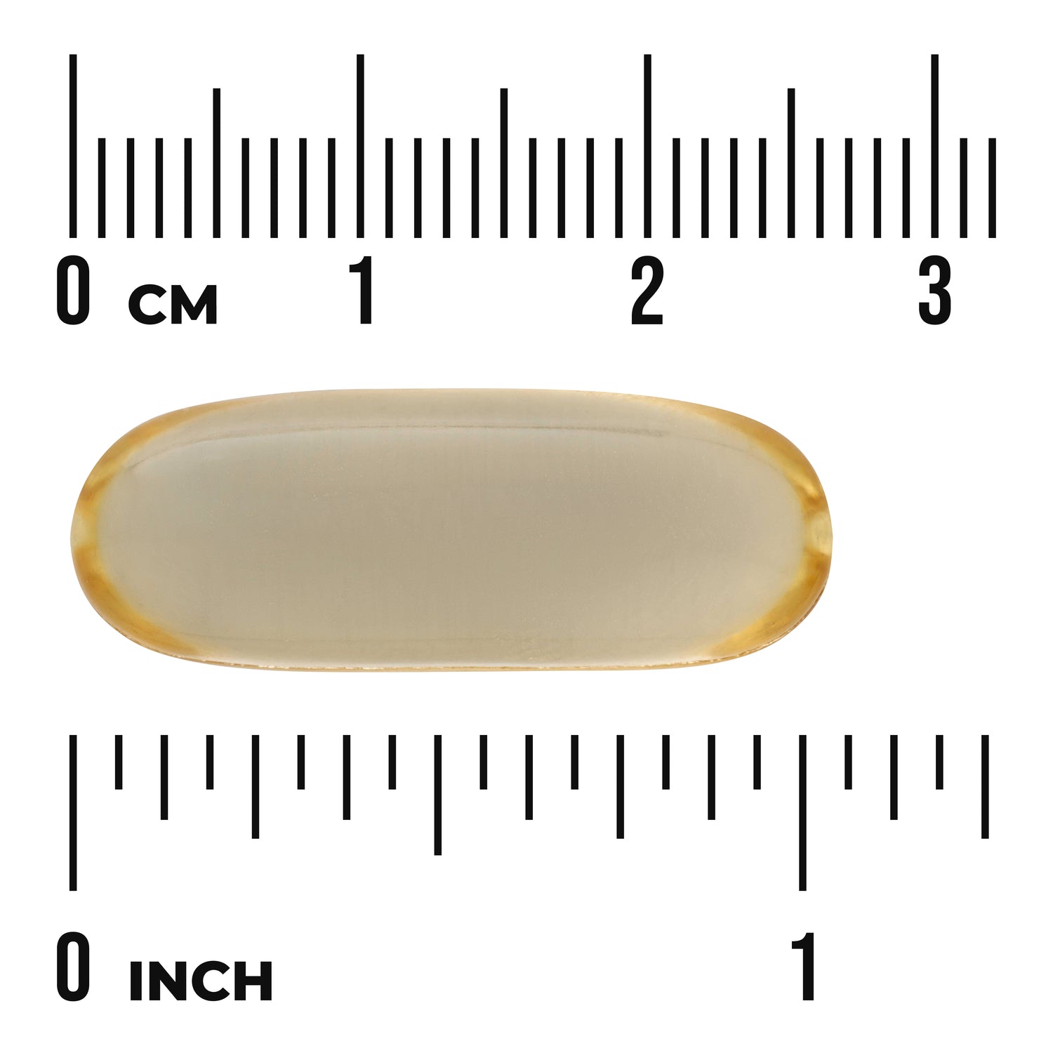 SW1439 | Softgel capsule with size reference next to ruler marked in cm and inches