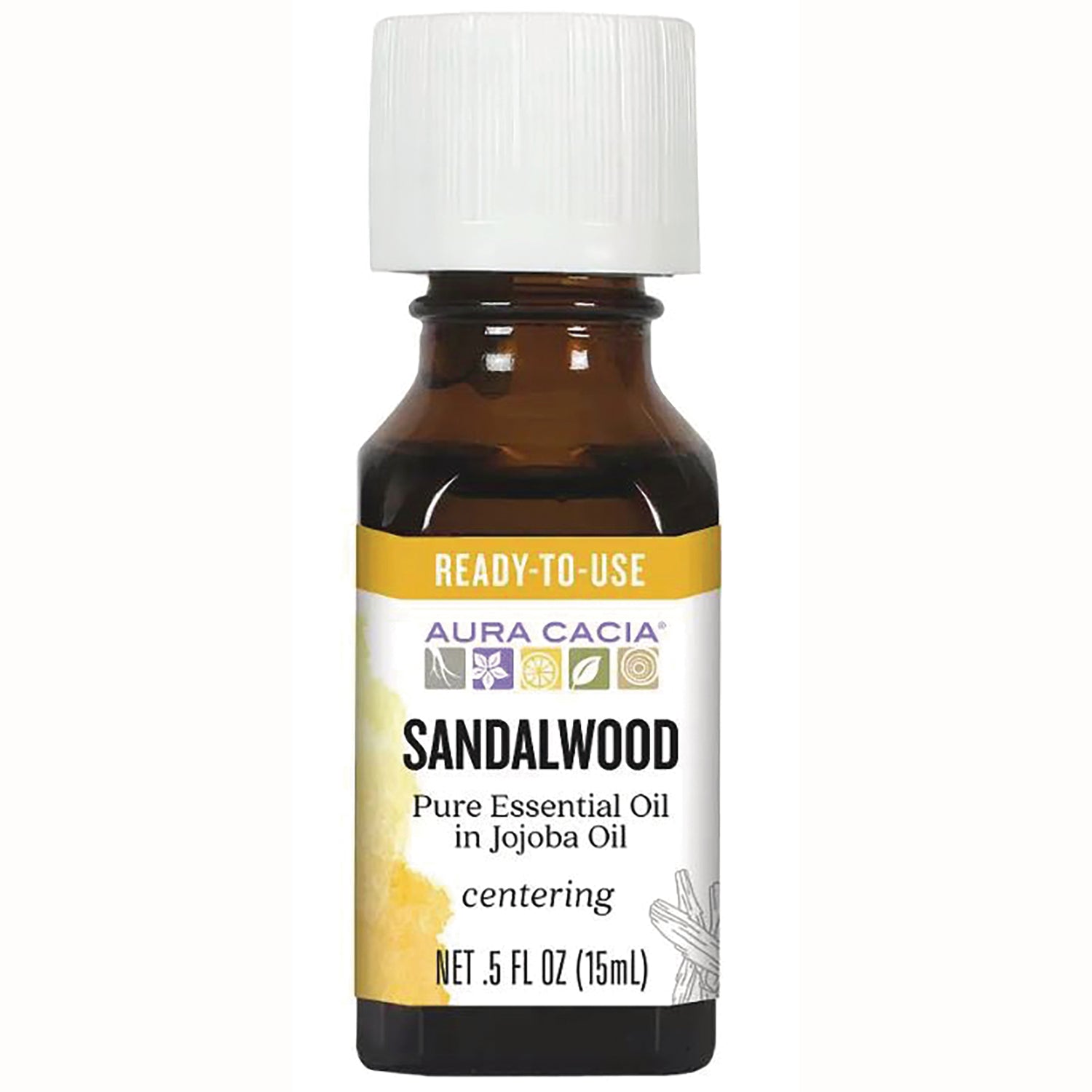ARC040 | Aura Cacia Sandalwood pure essential oil in jojoba oil 0.5 fl oz amber bottle with white cap ready-to-use